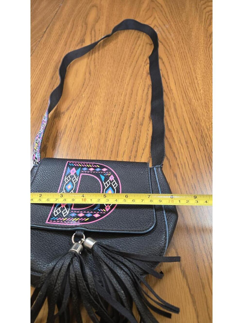 Justice Black Crossbody Bag with Colorful Patterned Strap and Tassels - Picture 7 of 7